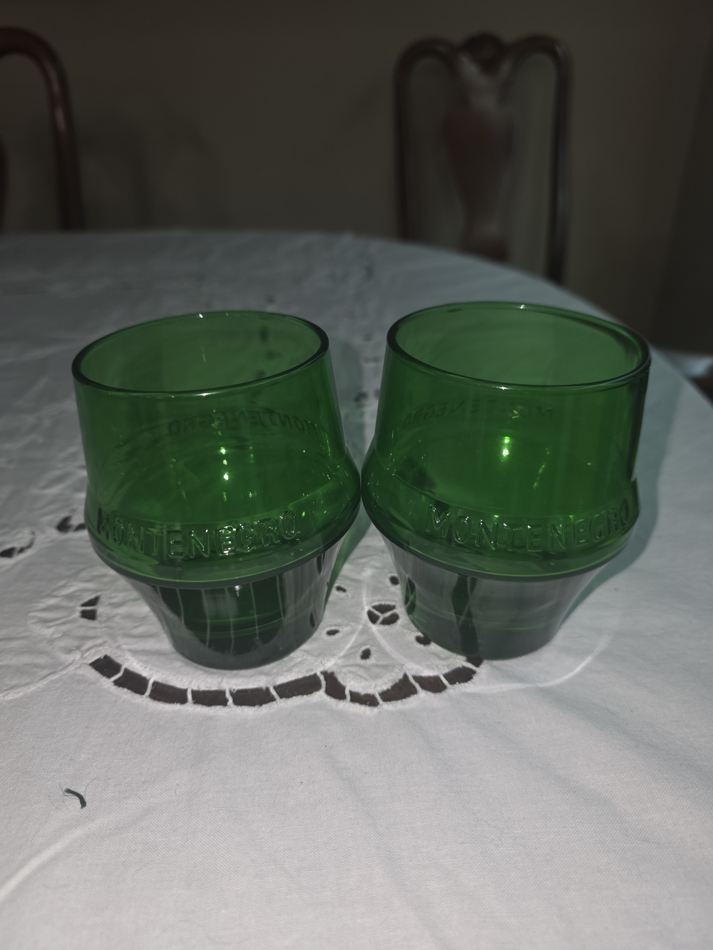 Pair Of 2 Vintage Amaro "Montenegro" Green Glass Double-Walled Tumblers